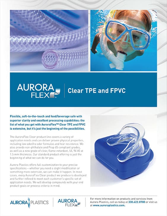 AuroraFlex™, from Aurora Plastics, is a Chemical Resistance Clear Color Technology High Impact, even at low temp. Weatherable polymer perfect for outdoor use